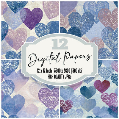 Lace Hearts Periwinkle Plum Abstract Digital Paper Pack (DDD016652)