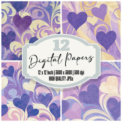 Rococo Love Hearts Lavender Cream Seamless Digital Paper Pack (DDD016655)