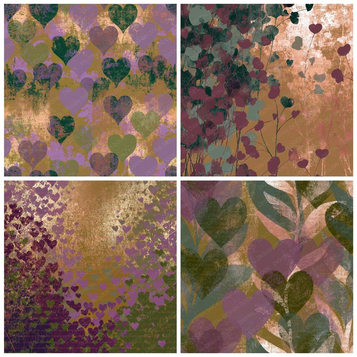 Screenprint Hearts Plum Moss Abstract Digital Paper Pack (DDD016658)