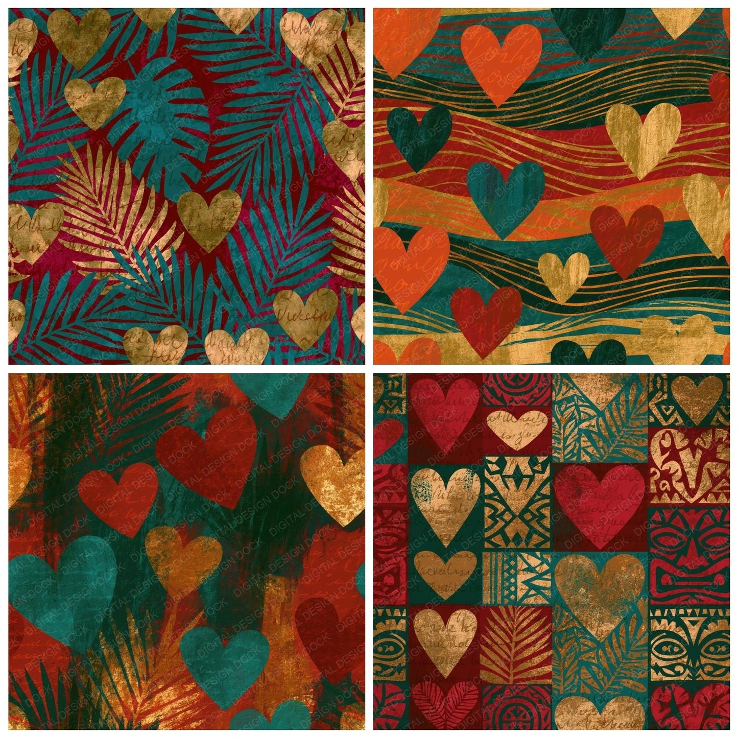 Tiki Love Hearts Jade Garnet Digital Paper Pack (DDD016661)