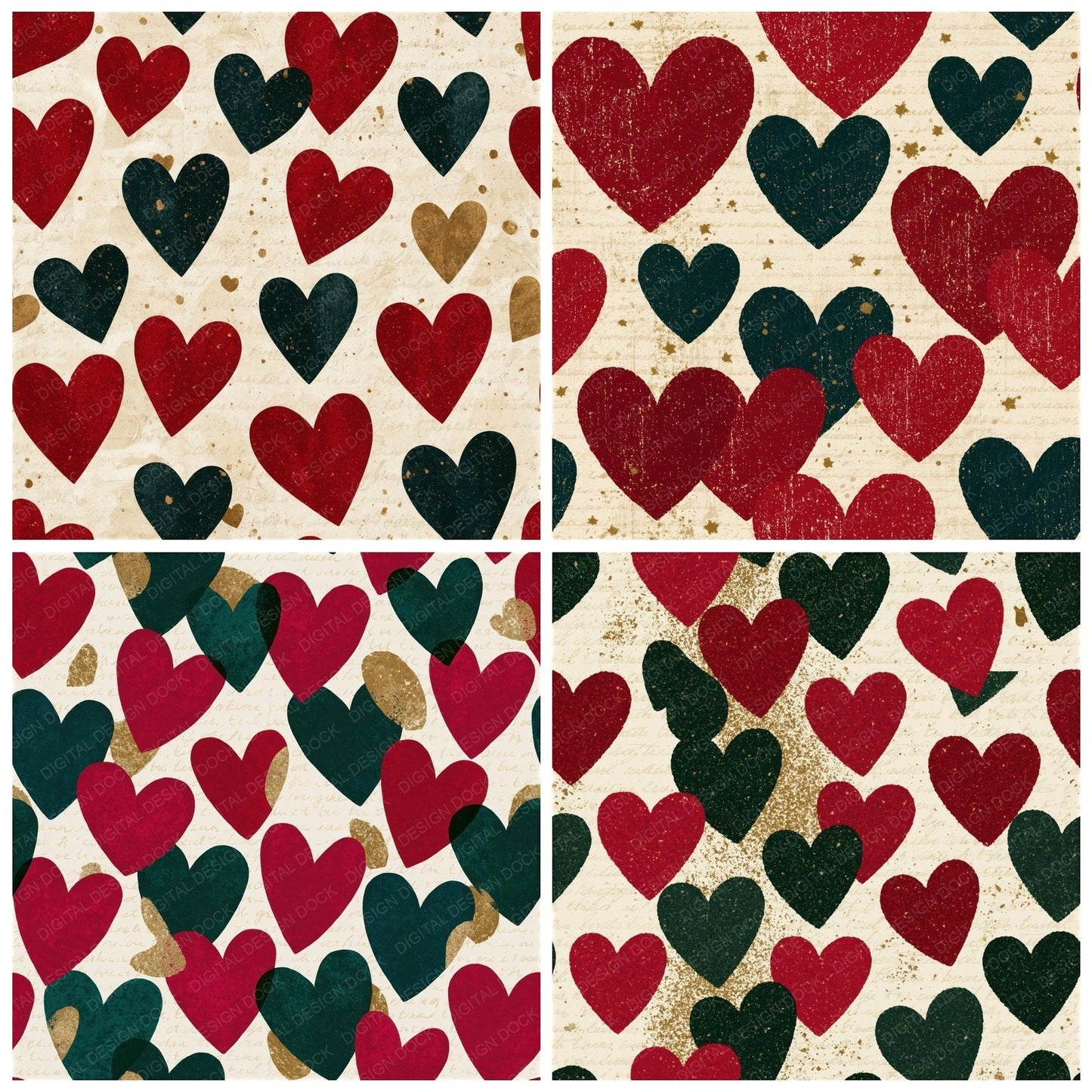 Vector Love Hearts Berry Spruce Seamless Digital Paper Pack (DDD016662)