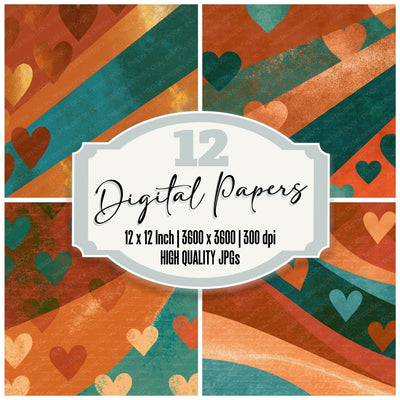 Vintage Travel Poster Hearts Copper Jade digital paper pack cover showing four of the 12 papers