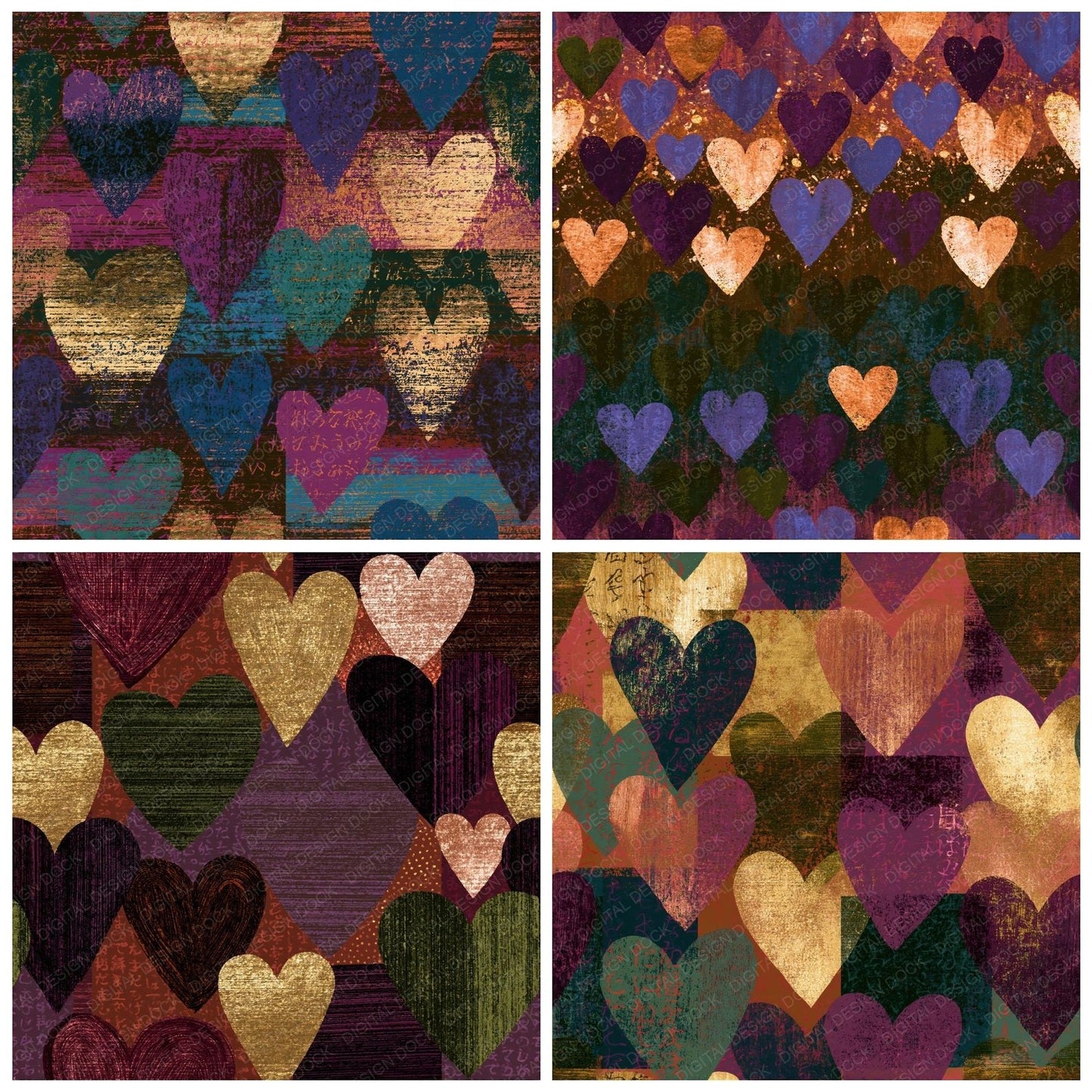 Folk Art Love Hearts Plum Moss Seamless Digital Paper Pack (DDD016672)