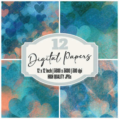 Pointillism Hearts Lagoon Coral Abstract Digital Paper Pack (DDD016679)