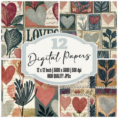 Vintage Seed Packet Hearts Dusty Rose Seamless Digital Paper Pack (DDD016684)