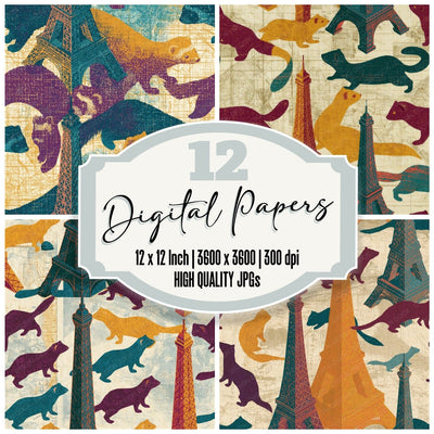 Isometric Eiffel Tower Ferrets Seamless Digital Paper Pack (DDD016697)