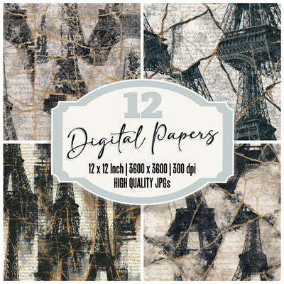 Kintsugi Eiffel Tower Bone Seamless Digital Paper Pack (DDD016698)