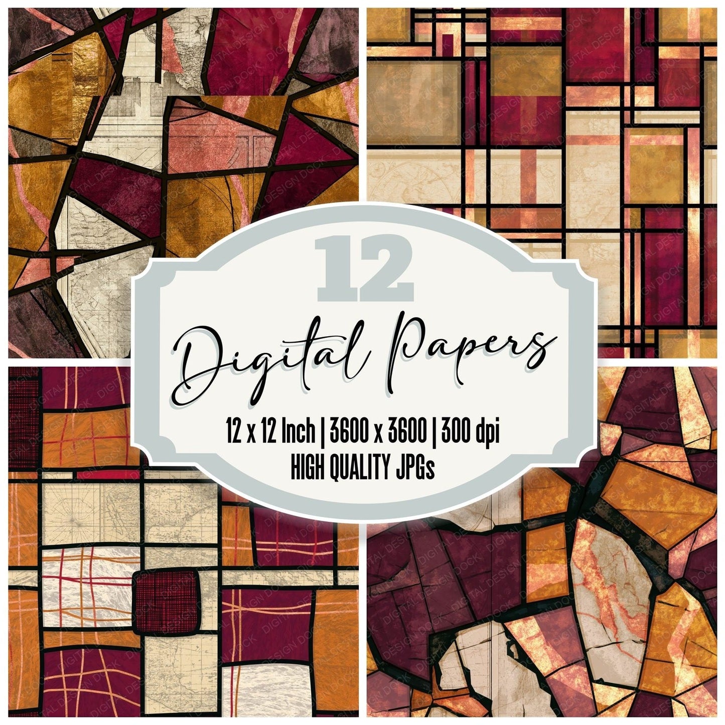 Stained Glass Mexico Cinnamon Burgundy Seamless Digital Paper Pack (DDD016703)