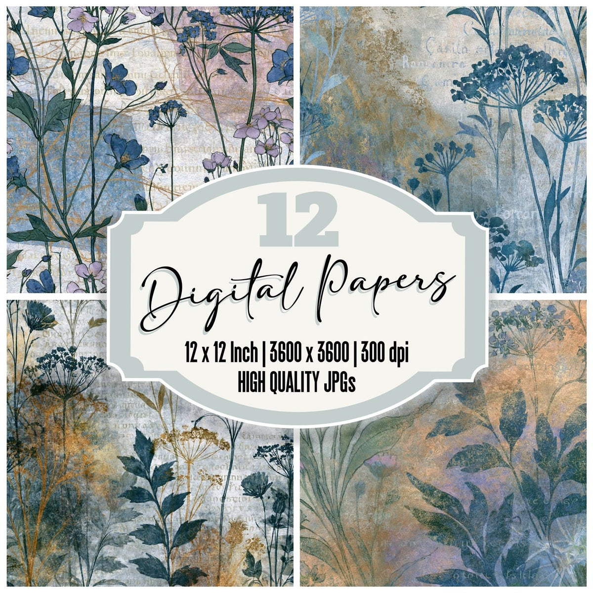 Arthur Rackham Wildflowers Bone Frost digital paper pack cover showing four of the 12 papers