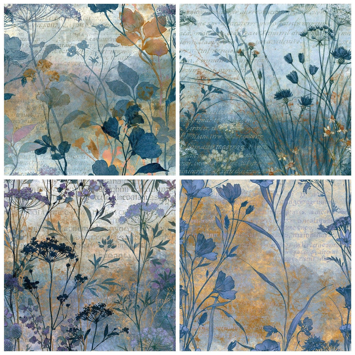 Four Arthur Rackham Wildflowers Bone Frost digital papers from the pack shown in a grid