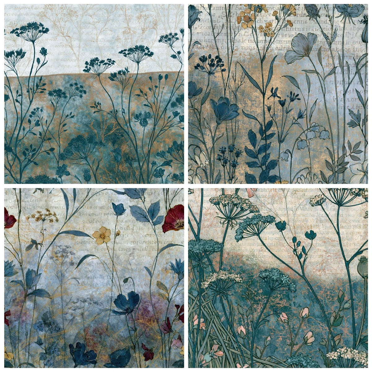 Four more Arthur Rackham Wildflowers Bone Frost digital papers from the pack shown in a grid