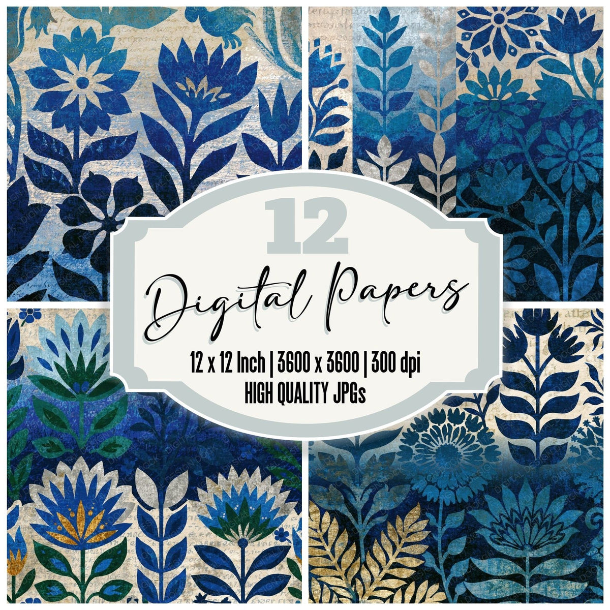 Aztec Wildflowers Navy Bone Abstract digital paper pack cover showing four of the 12 papers