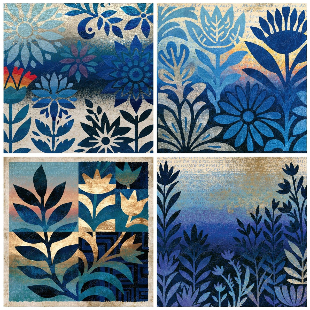 Four Aztec Wildflowers Navy Bone Abstract digital papers from the pack shown in a grid