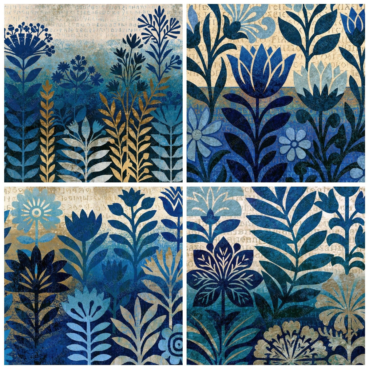 Four more Aztec Wildflowers Navy Bone Abstract digital papers from the pack shown in a grid