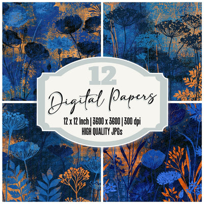 Block Print Wildflowers Electric Blue Navy digital paper pack cover showing four of the 12 papers
