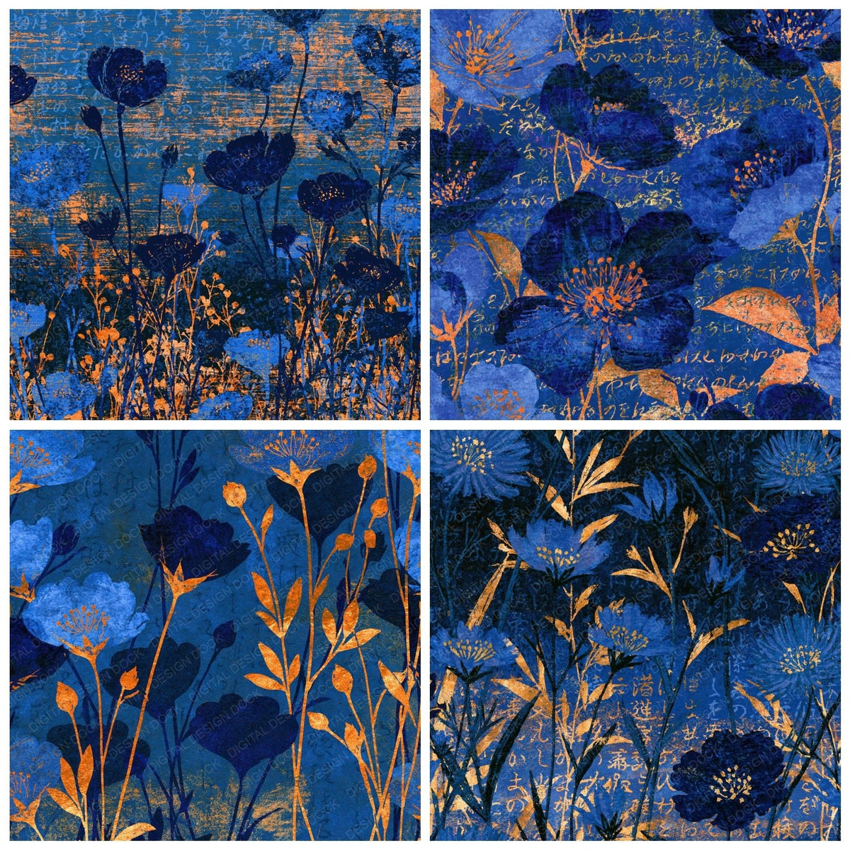 Four Block Print Wildflowers Electric Blue Navy digital papers from the pack shown in a grid