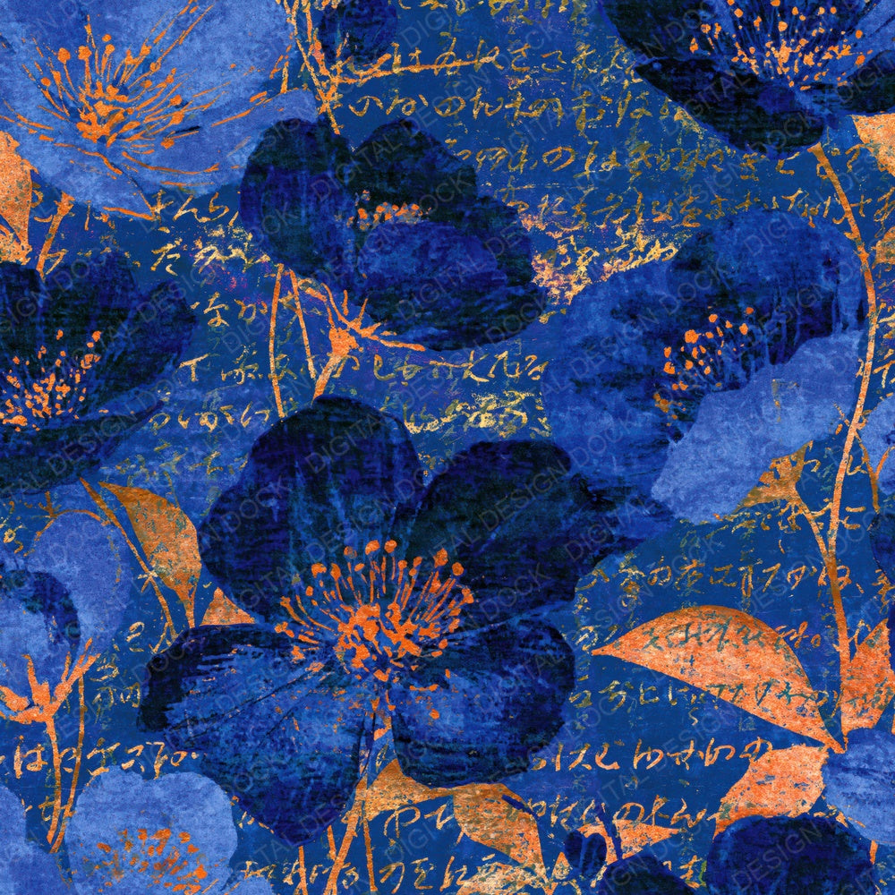 Another Block Print Wildflowers Electric Blue Navy digital paper shown full size