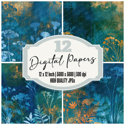 Cyanotype Wildflowers Malachite Forest digital paper pack cover showing four of the 12 papers