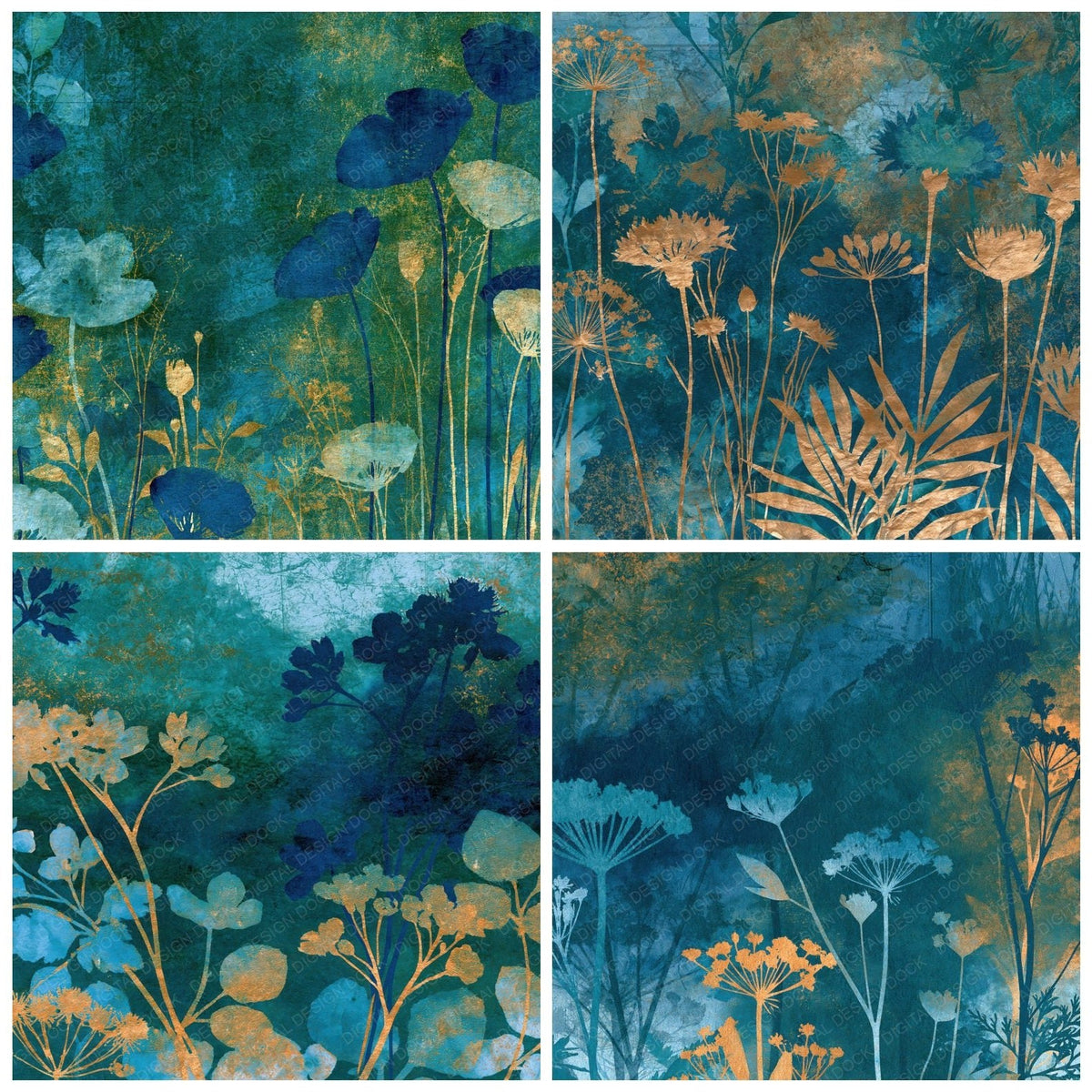 Four Cyanotype Wildflowers Malachite Forest digital papers from the pack shown in a grid