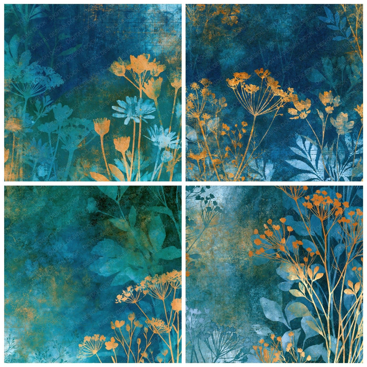 Four more Cyanotype Wildflowers Malachite Forest digital papers from the pack shown in a grid