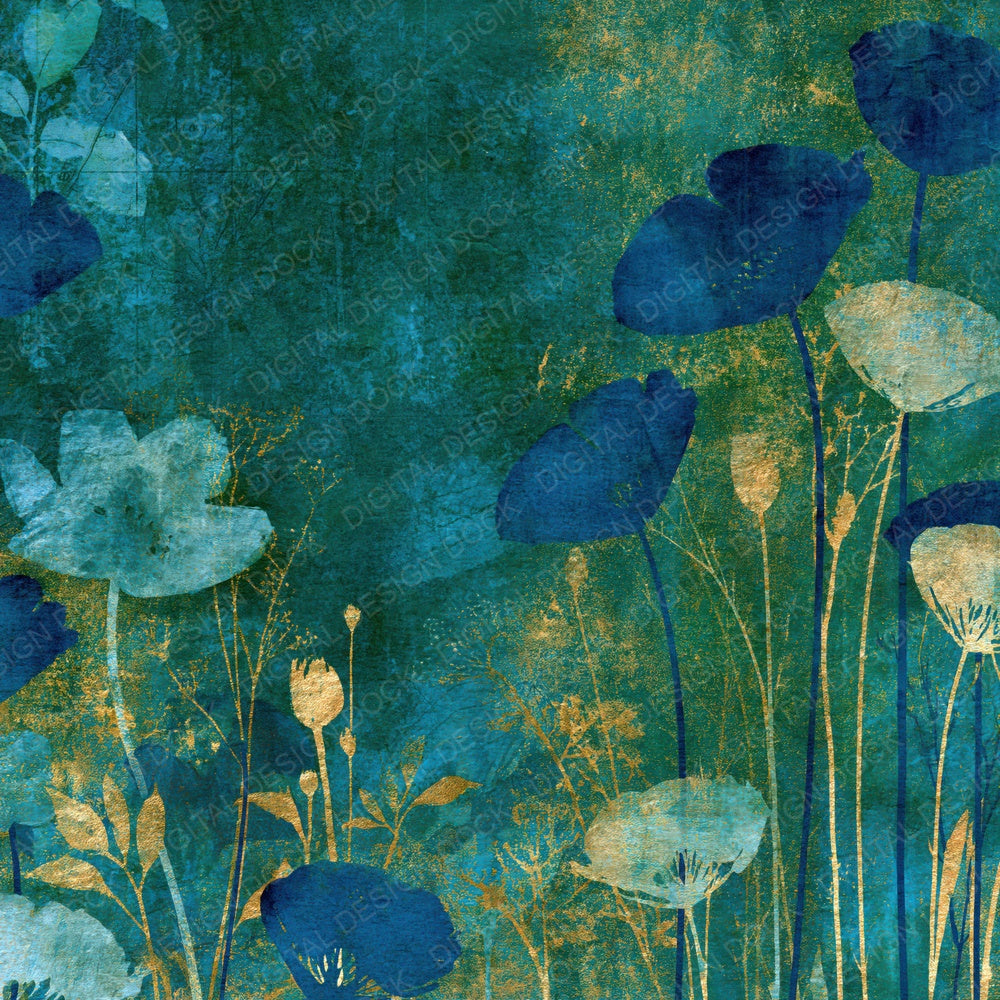 Single Cyanotype Wildflowers Malachite Forest digital paper shown full size