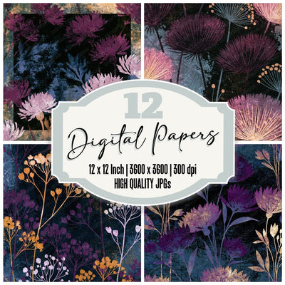 Drypoint Wildflowers Aubergine Pearl digital paper pack cover showing four of the 12 papers