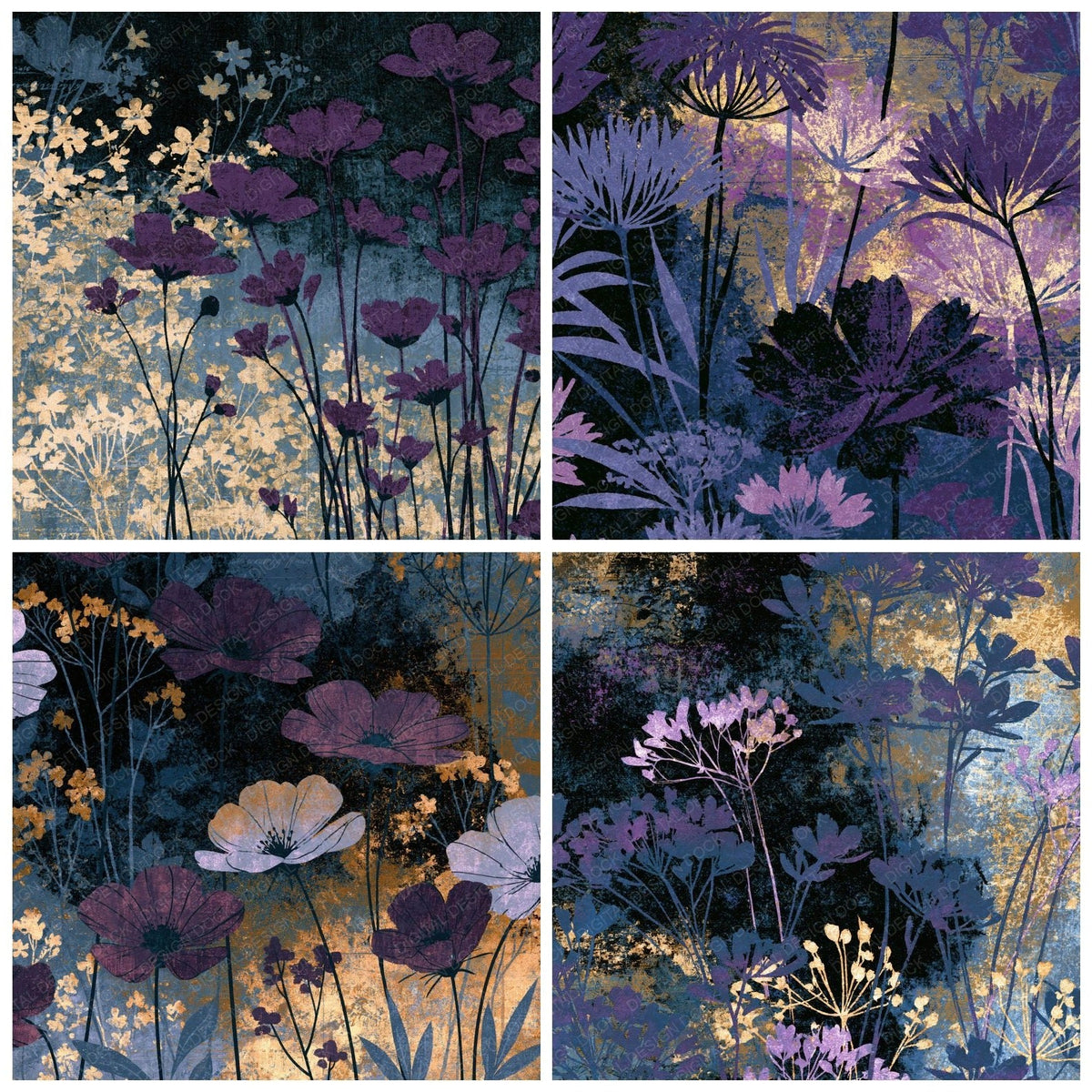 Four Drypoint Wildflowers Aubergine Pearl digital papers from the pack shown in a grid