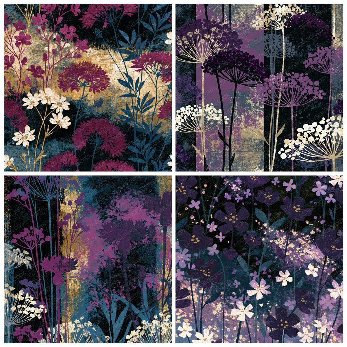 Four more Drypoint Wildflowers Aubergine Pearl digital papers from the pack shown in a grid