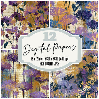 Graffiti Wildflowers Lilac Mauve Abstract digital paper pack cover showing four of the 12 papers