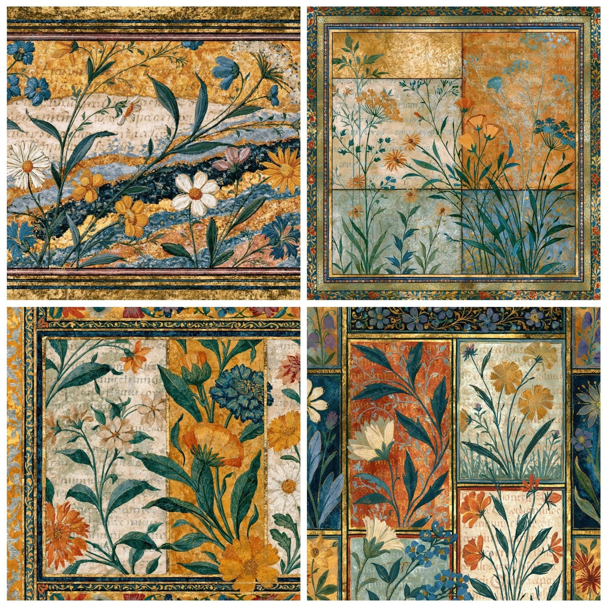 Four more Illuminated Manuscript Wildflowers Amber Sage digital papers from the pack shown in a grid