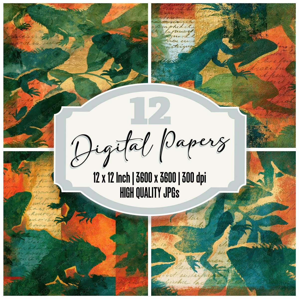 Impressionist Iguana Jade Copper Seamless digital paper pack cover showing four of the 12 papers