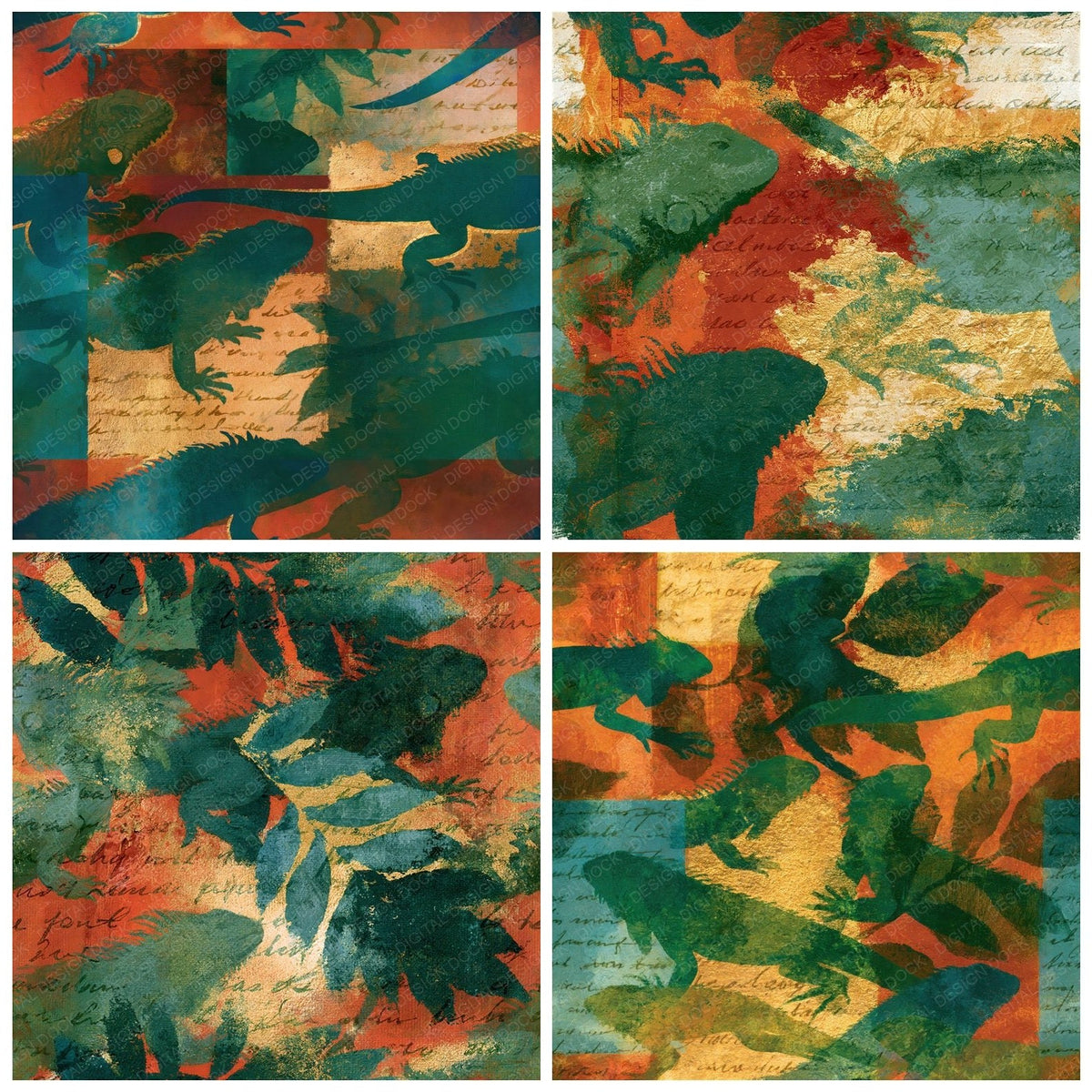 Four Impressionist Iguana Jade Copper Seamless digital papers from the pack shown in a grid