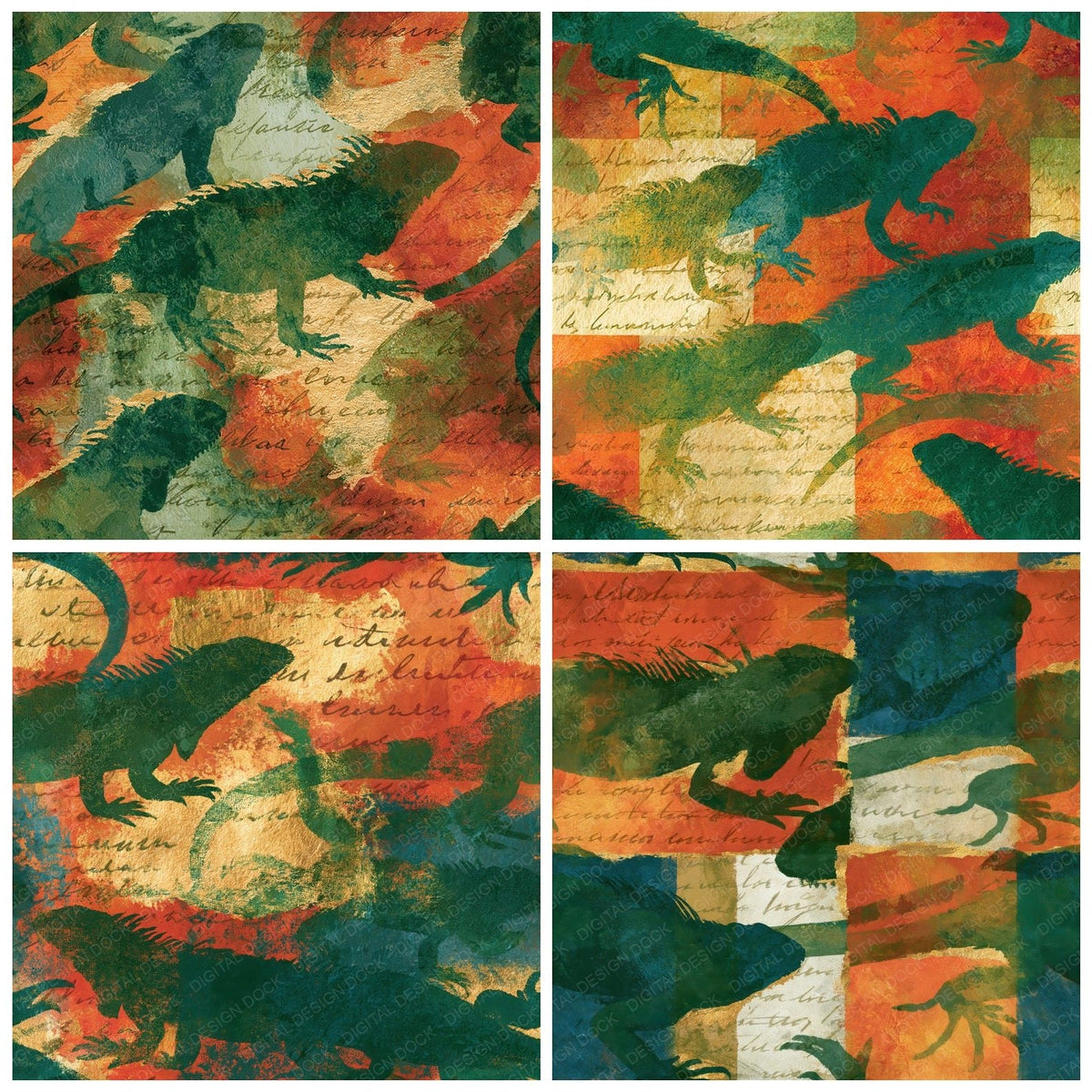 Four more Impressionist Iguana Jade Copper Seamless digital papers from the pack shown in a grid