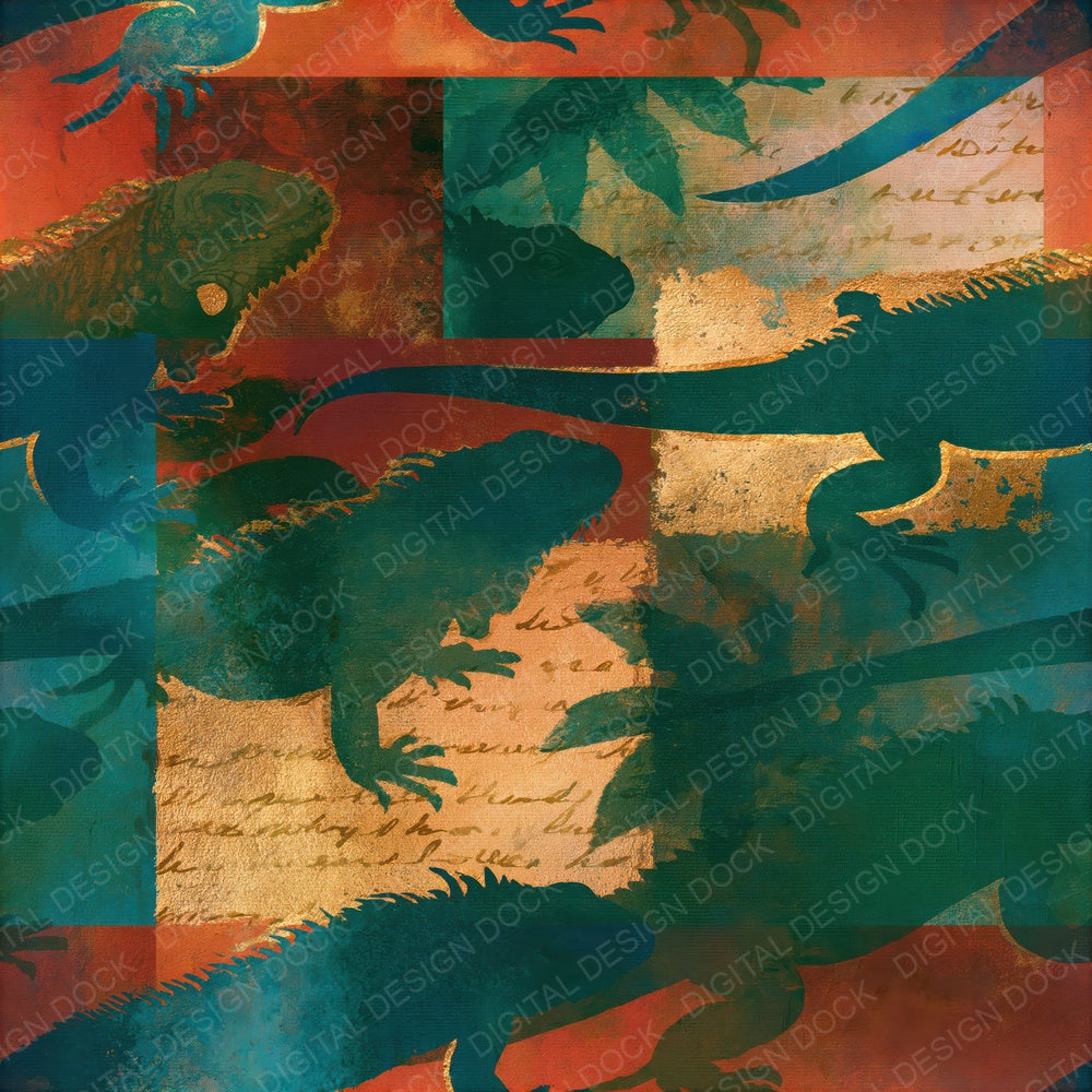 Single Impressionist Iguana Jade Copper Seamless digital paper shown full size