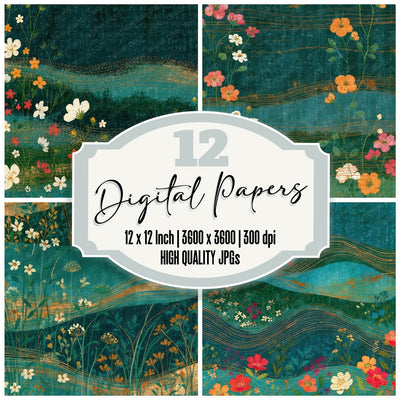 Kantha Wildflowers Malachite Forest digital paper pack cover showing four of the 12 papers