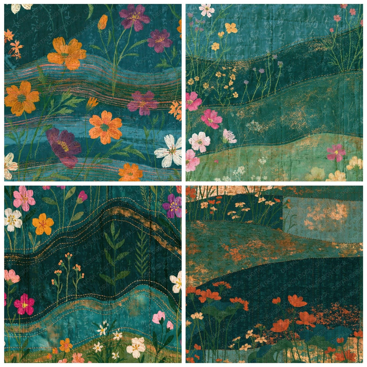 Four Kantha Wildflowers Malachite Forest digital papers from the pack shown in a grid