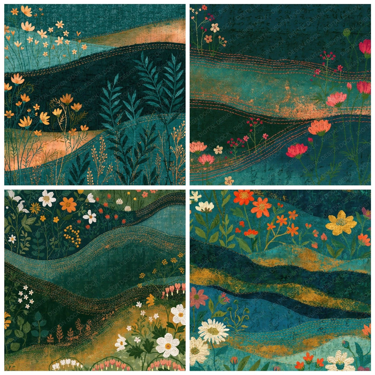 Four more Kantha Wildflowers Malachite Forest digital papers from the pack shown in a grid