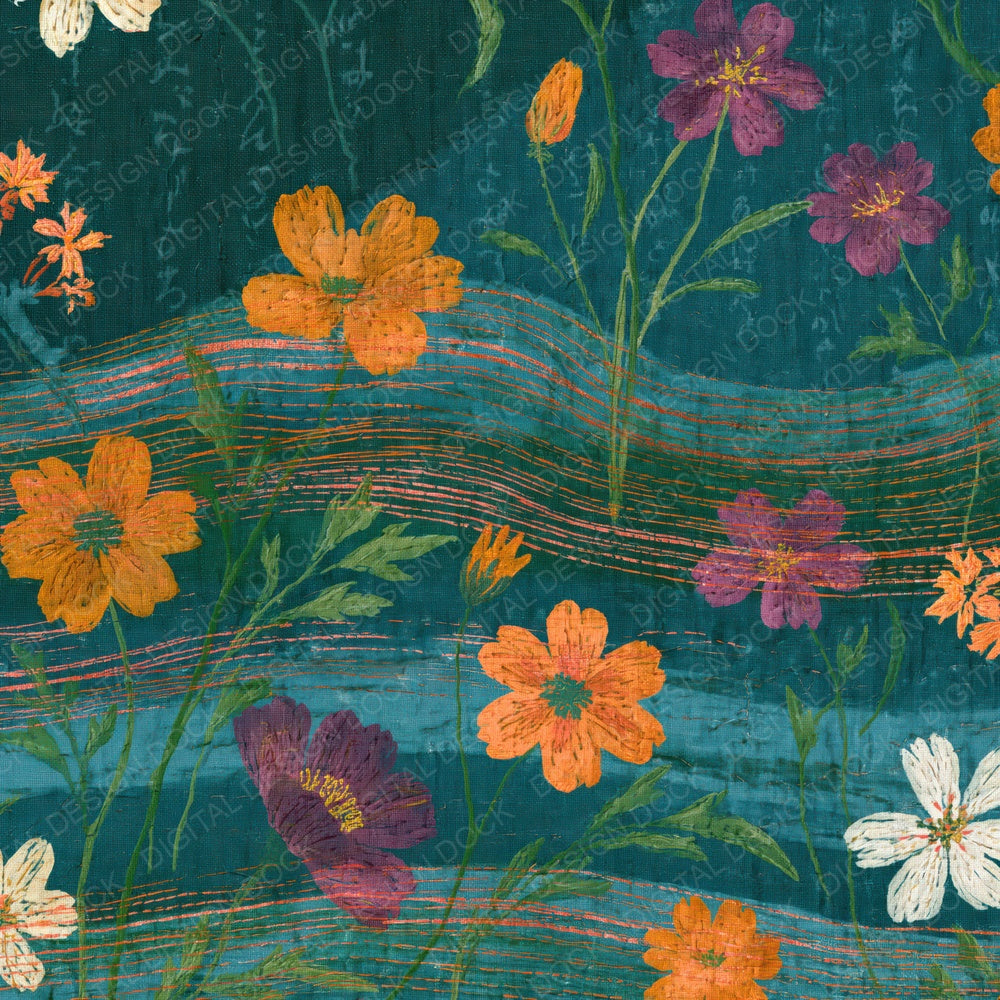 Single Kantha Wildflowers Malachite Forest digital paper shown full size