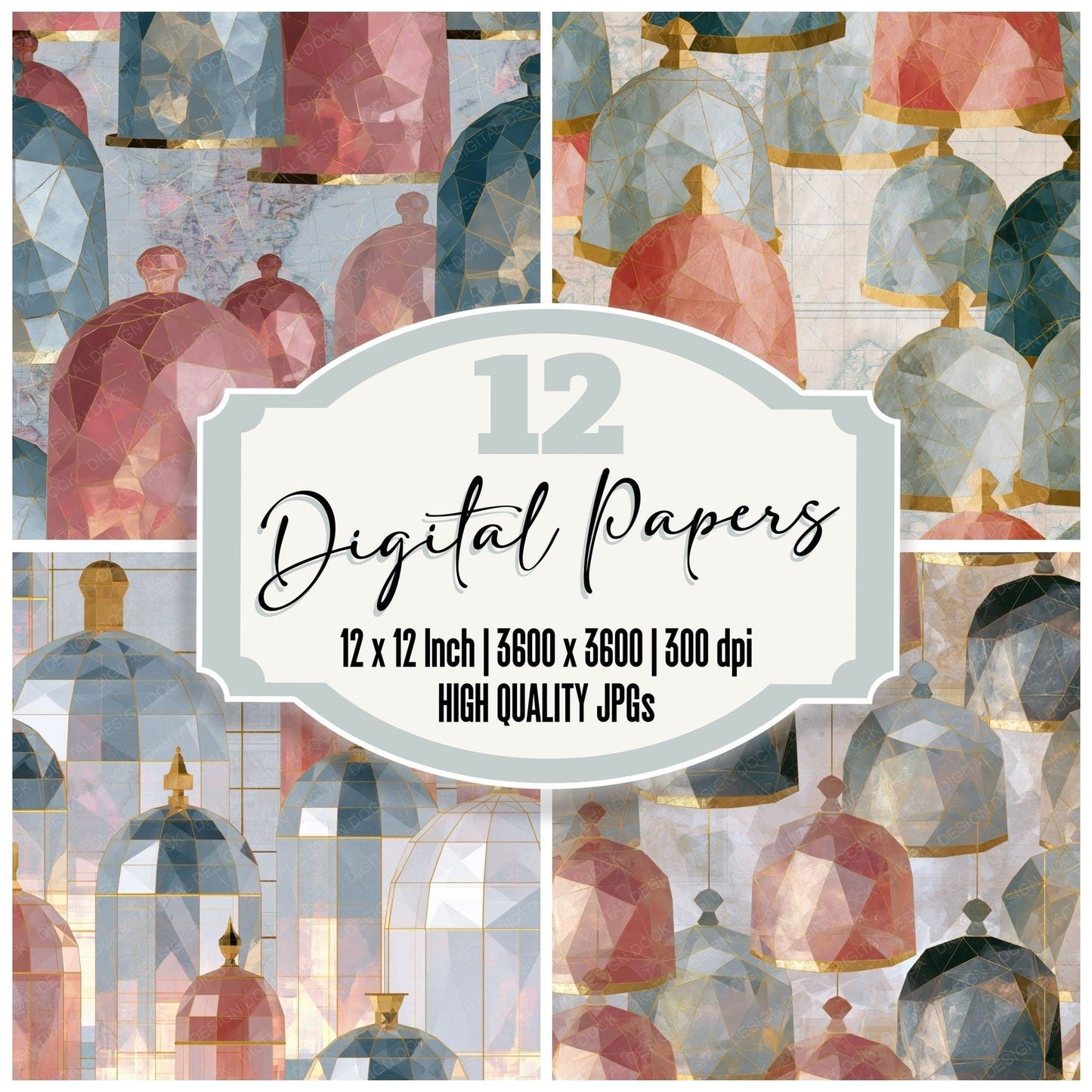 Low Poly Cloches Silver Rose Pearl Digital Paper Pack (DDD016718)