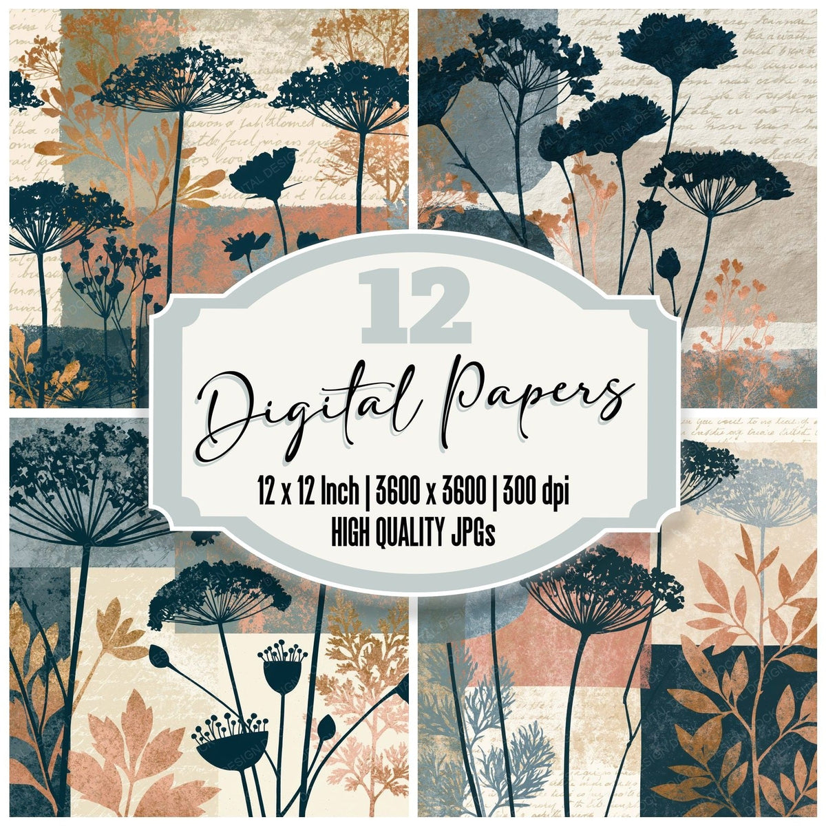 Photogram Wildflowers Slate Sand Ivory digital paper pack cover showing four of the 12 papers