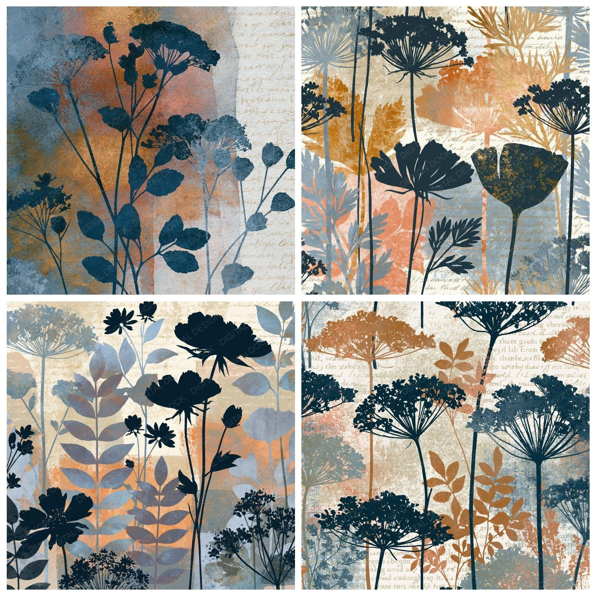 Four Photogram Wildflowers Slate Sand Ivory digital papers from the pack shown in a grid