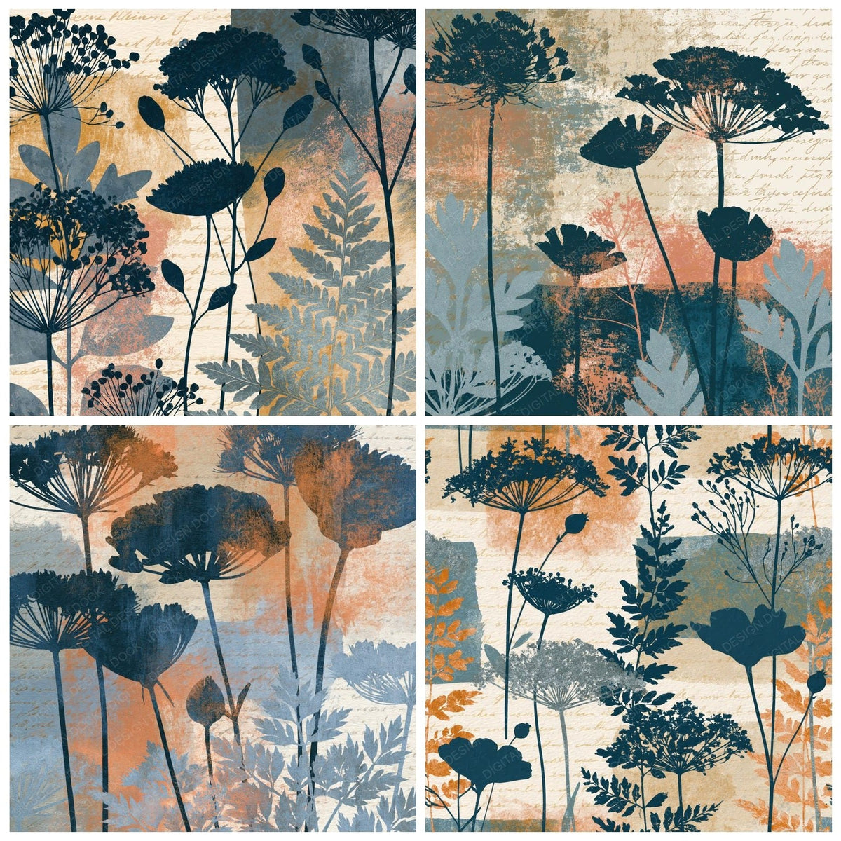Four more Photogram Wildflowers Slate Sand Ivory digital papers from the pack shown in a grid
