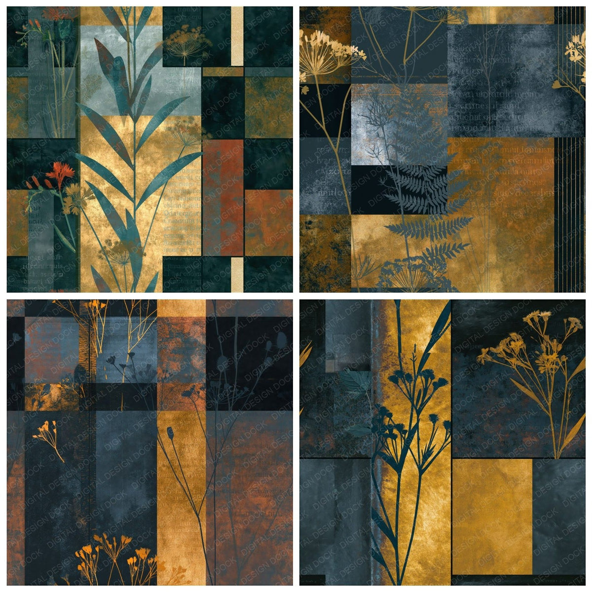 Four Precisionist Wildflowers Steel Charcoal Seamless digital papers from the pack shown in a grid