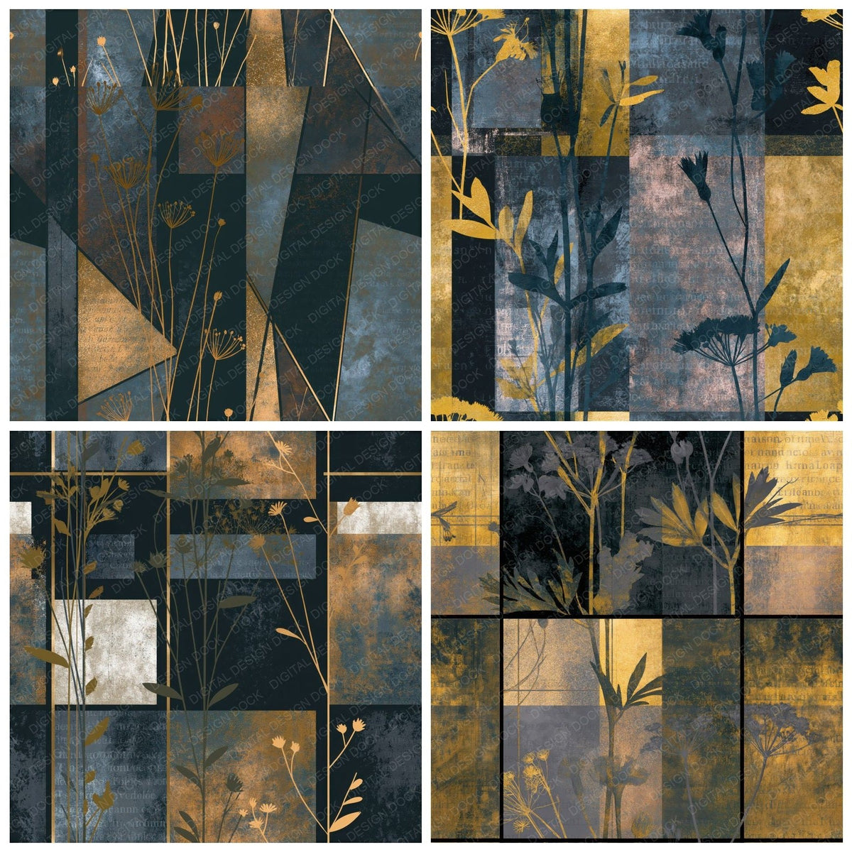 Four more Precisionist Wildflowers Steel Charcoal Seamless digital papers from the pack shown in a grid
