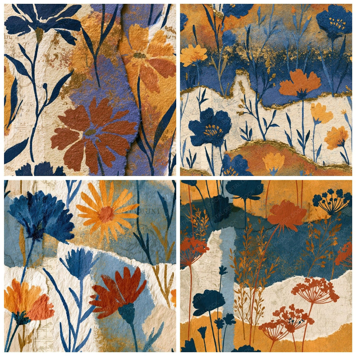 Four Torn Paper Wildflowers Sienna Indigo Seamless digital papers from the pack shown in a grid