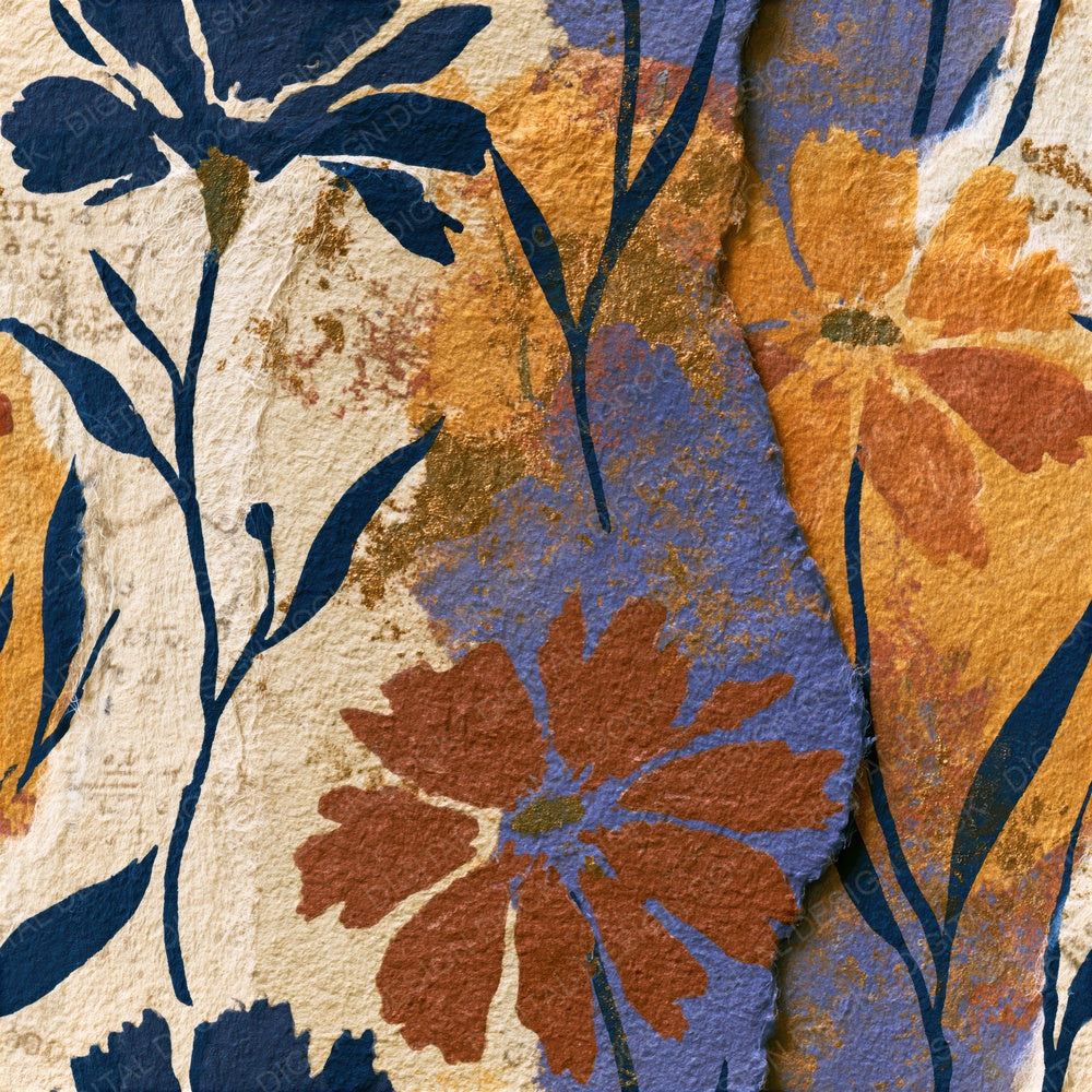 Single Torn Paper Wildflowers Sienna Indigo Seamless digital paper shown full size