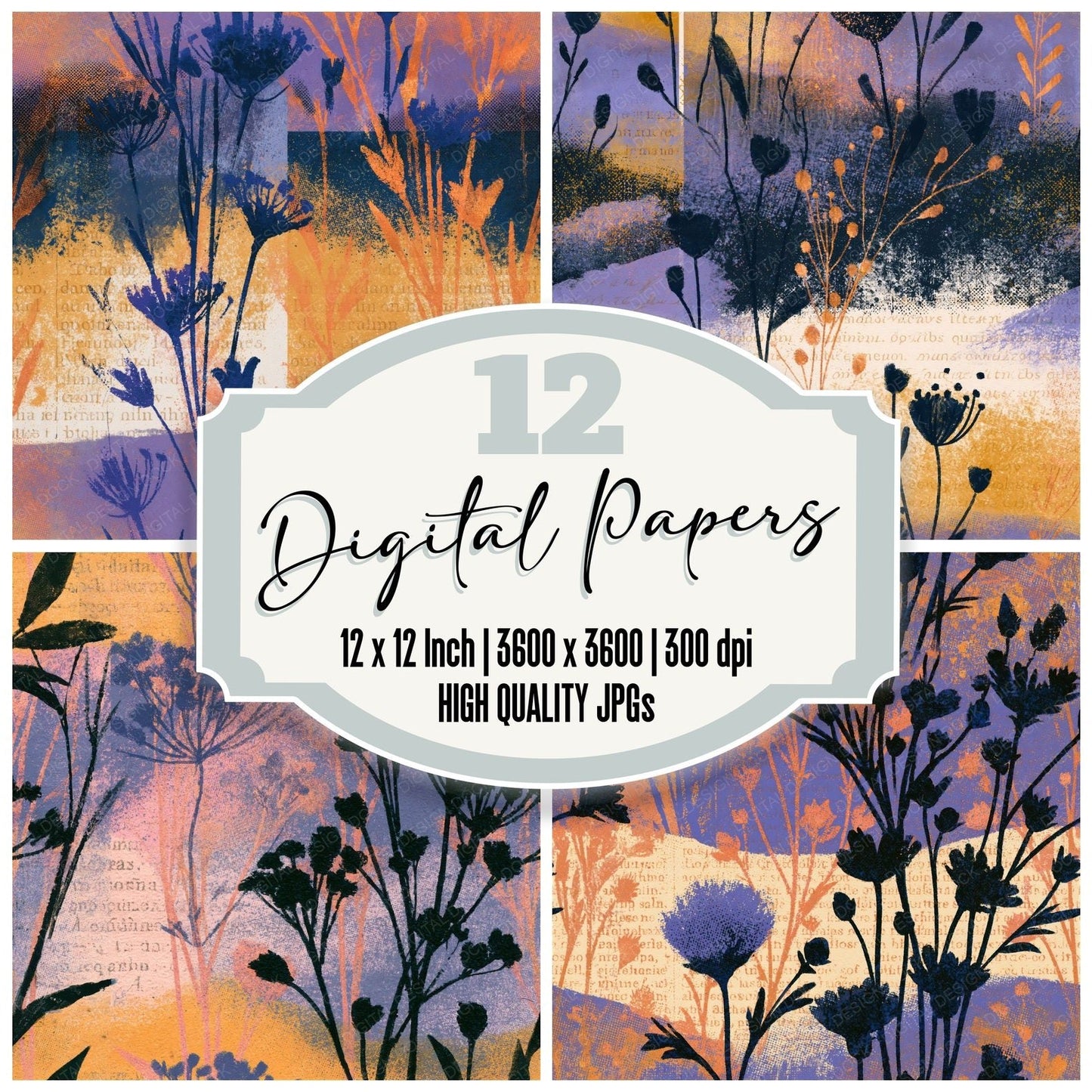 Vintage Newsprint Wildflowers Lavender Butter Seamless Digital Paper Pack (DDD016723)