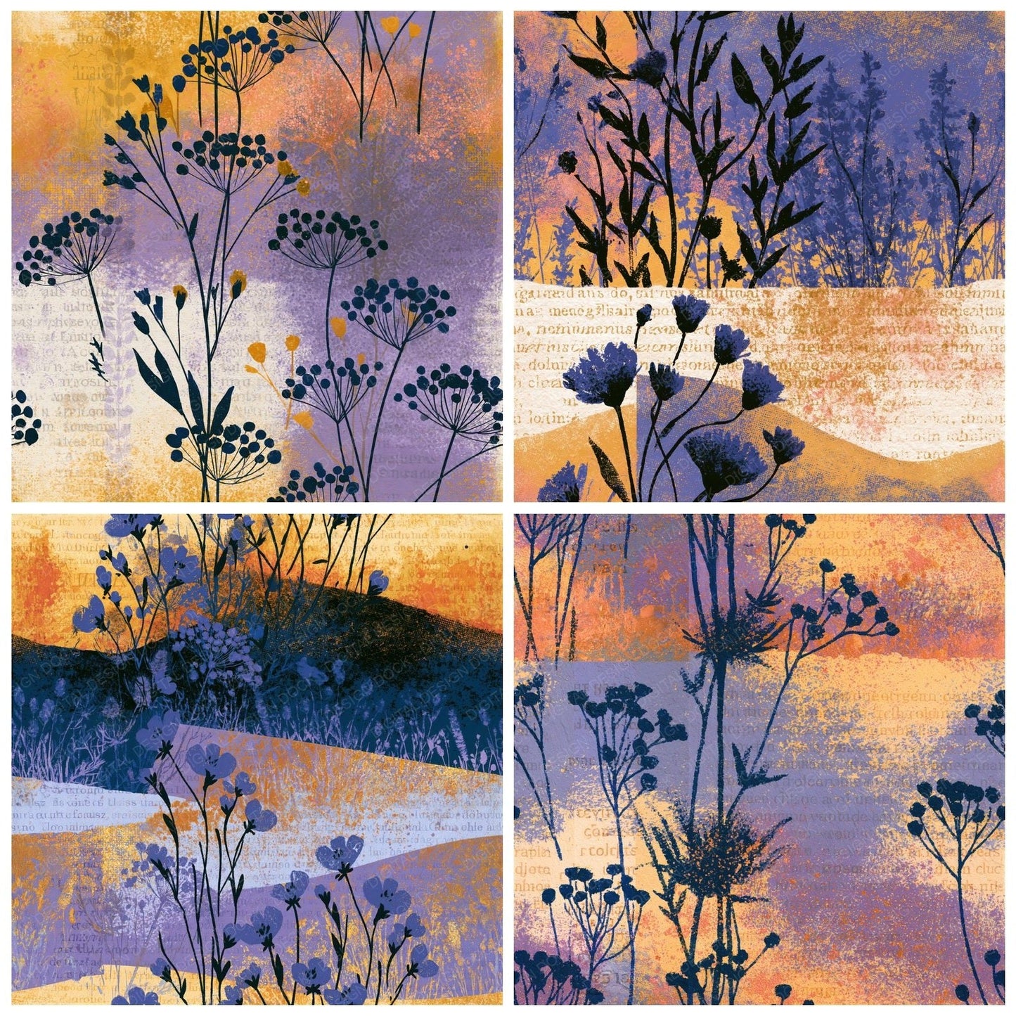 Vintage Newsprint Wildflowers Lavender Butter Seamless Digital Paper Pack (DDD016723)
