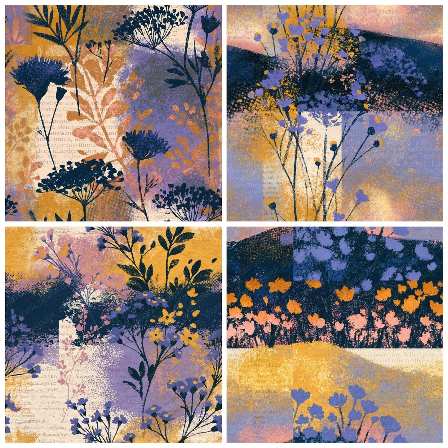 Vintage Newsprint Wildflowers Lavender Butter Seamless Digital Paper Pack (DDD016723)