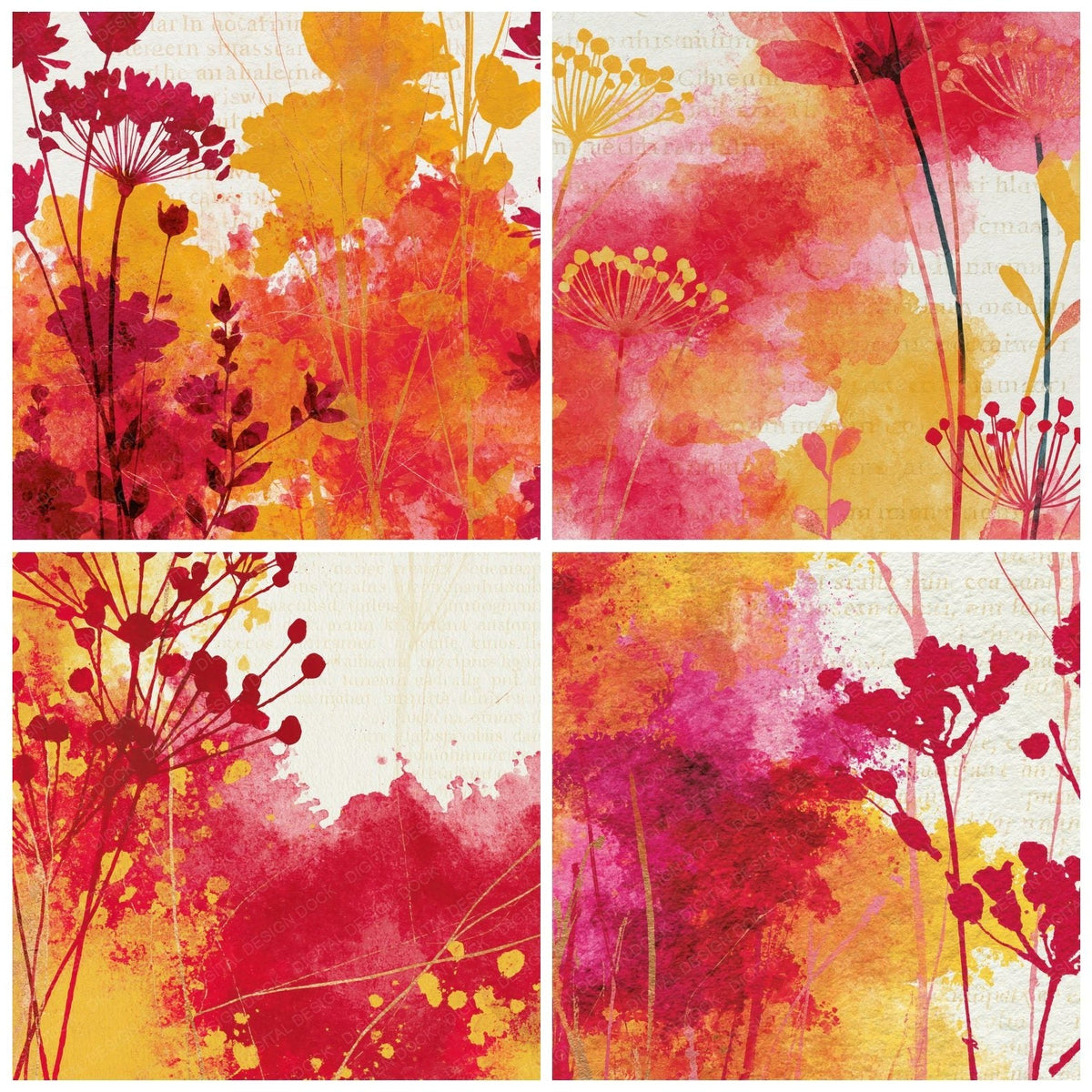 Four more Watercolour Wildflowers Red Lemon Abstract digital papers from the pack shown in a grid
